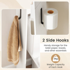 The storage unit showing the side hooks used for hanging a towel and a toilet paper roll
