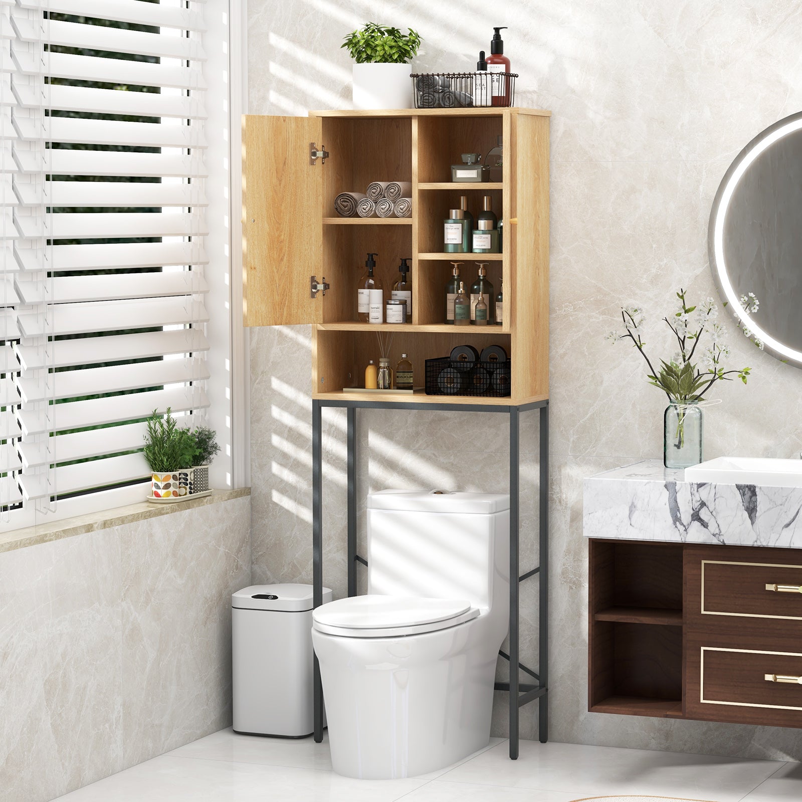 Over The Toilet Freestanding Toilet Storage Cabinet with Rattan Doors-Natural