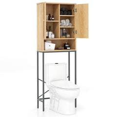The freestanding toilet storage cabinet with its doors open, revealing organised shelves filled with bathroom essentials