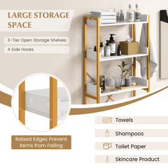 3-Tier Over The Toilet Storage Rack with 4 Hooks and Adjustable Bottom Bar-White