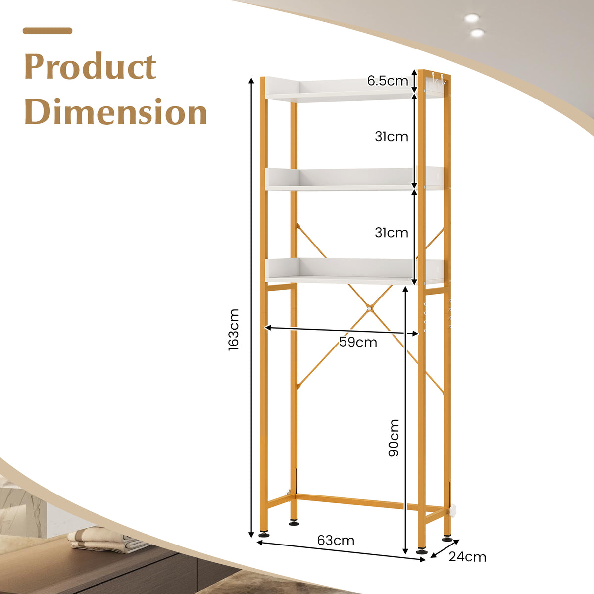 3-Tier Over The Toilet Storage Rack with 4 Hooks and Adjustable Bottom Bar-White