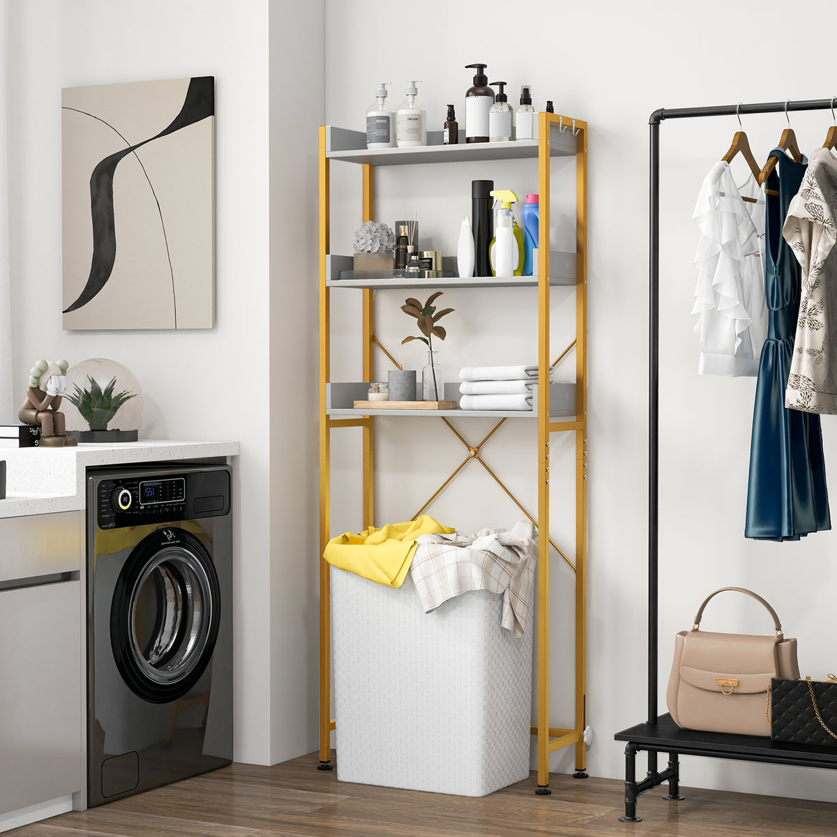 3-Tier Over The Toilet Storage Rack with 4 Hooks and Adjustable Bottom Bar-White