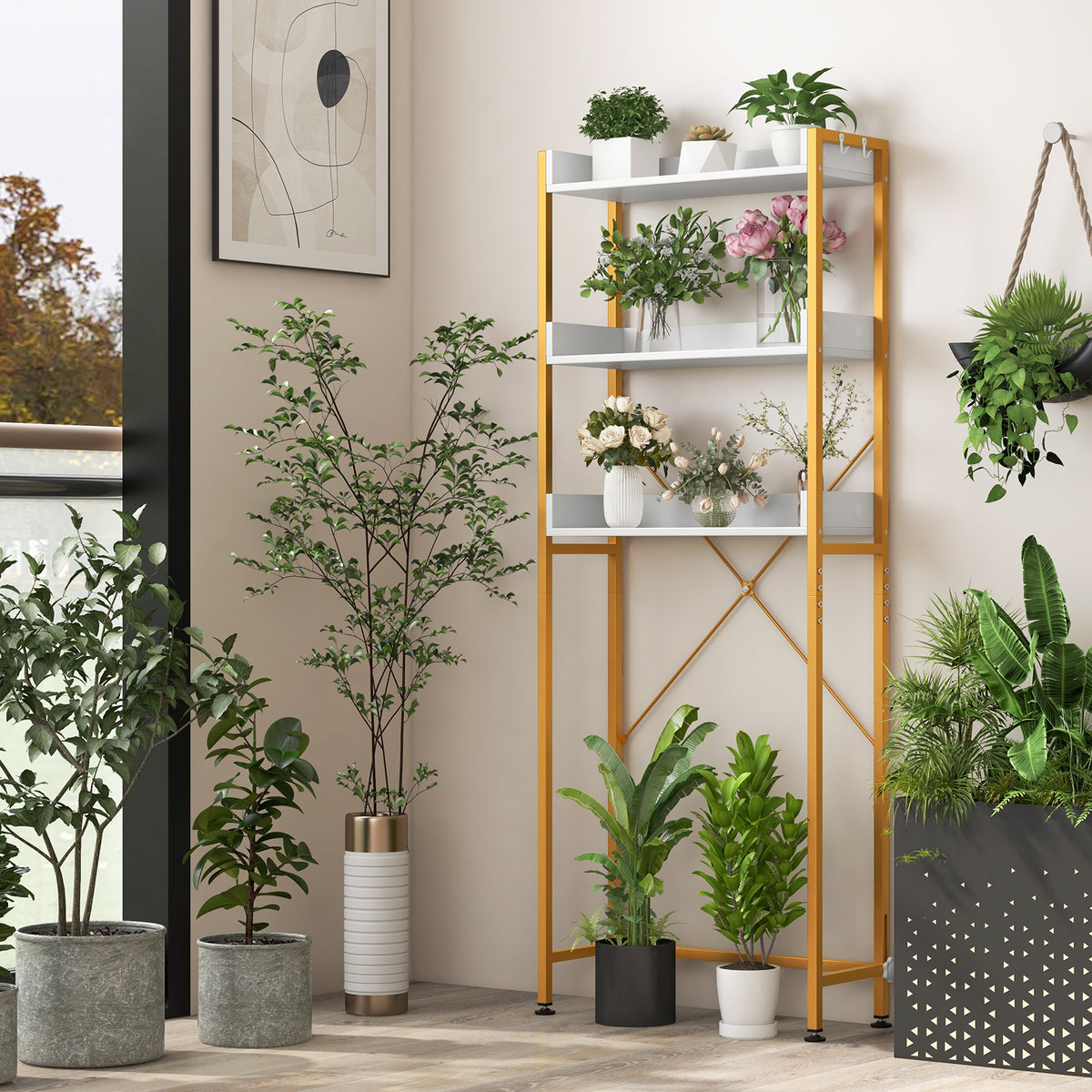 3-Tier Over The Toilet Storage Rack with 4 Hooks and Adjustable Bottom Bar-White