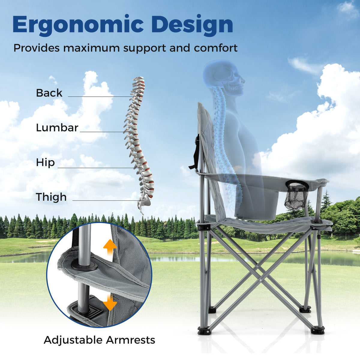 Oversized Camping Chair Heavy Duty Outdoor Folding Chair-Grey