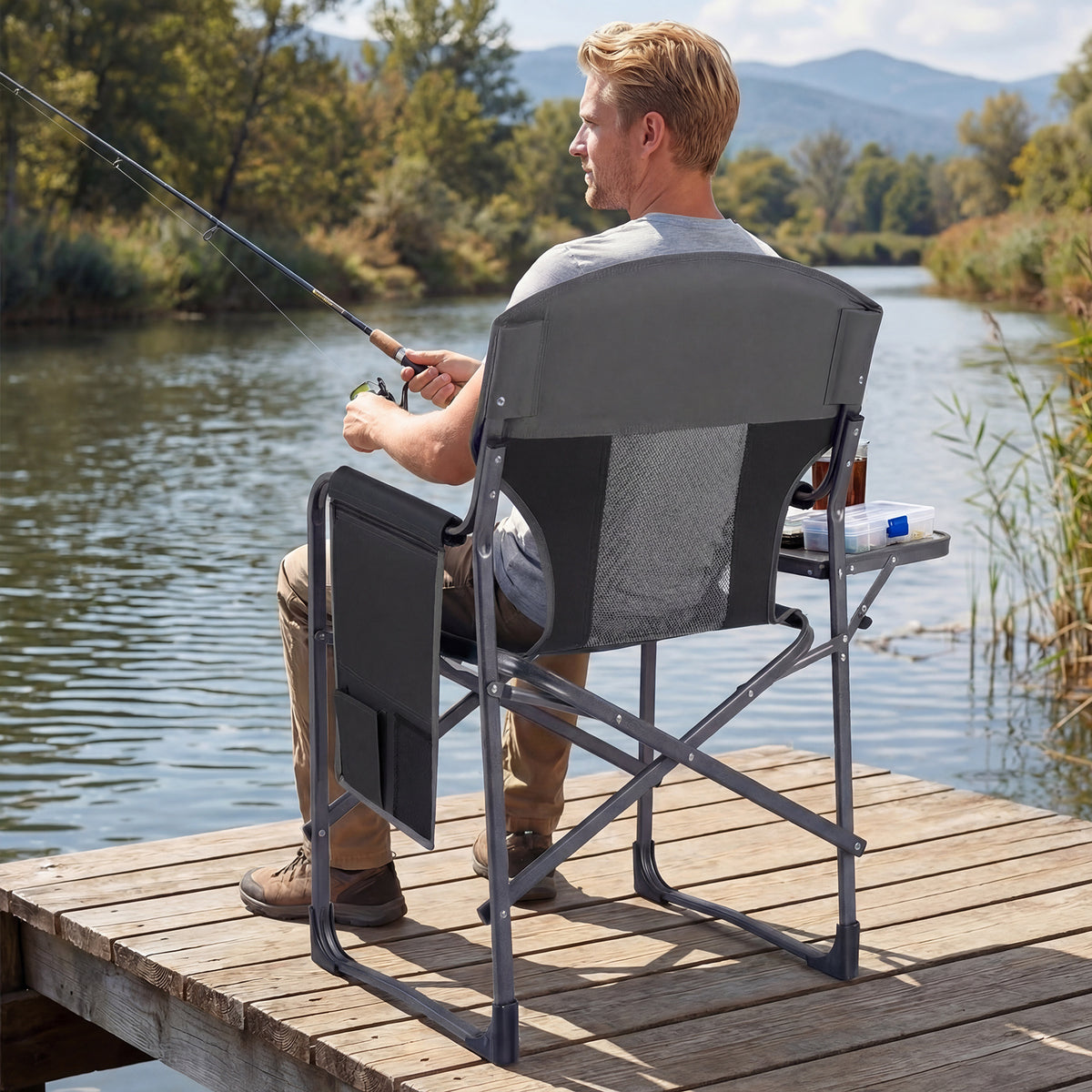 Oversized Padded Folding Camping Chair with Side Table-Black