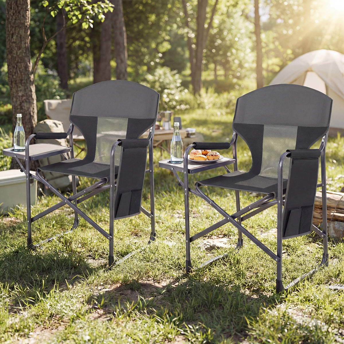 Oversized Padded Folding Camping Chair with Side Table-Black
