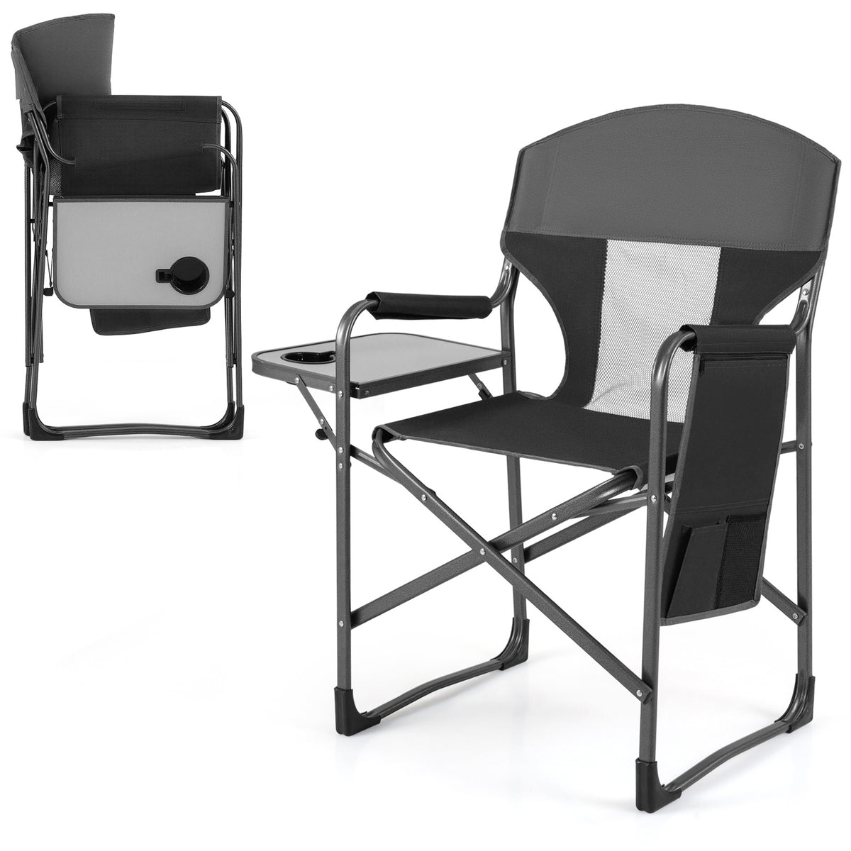 Oversized Padded Folding Camping Chair with Side Table-Black