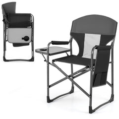 Oversized Padded Folding Camping Chair with Side Table-Black