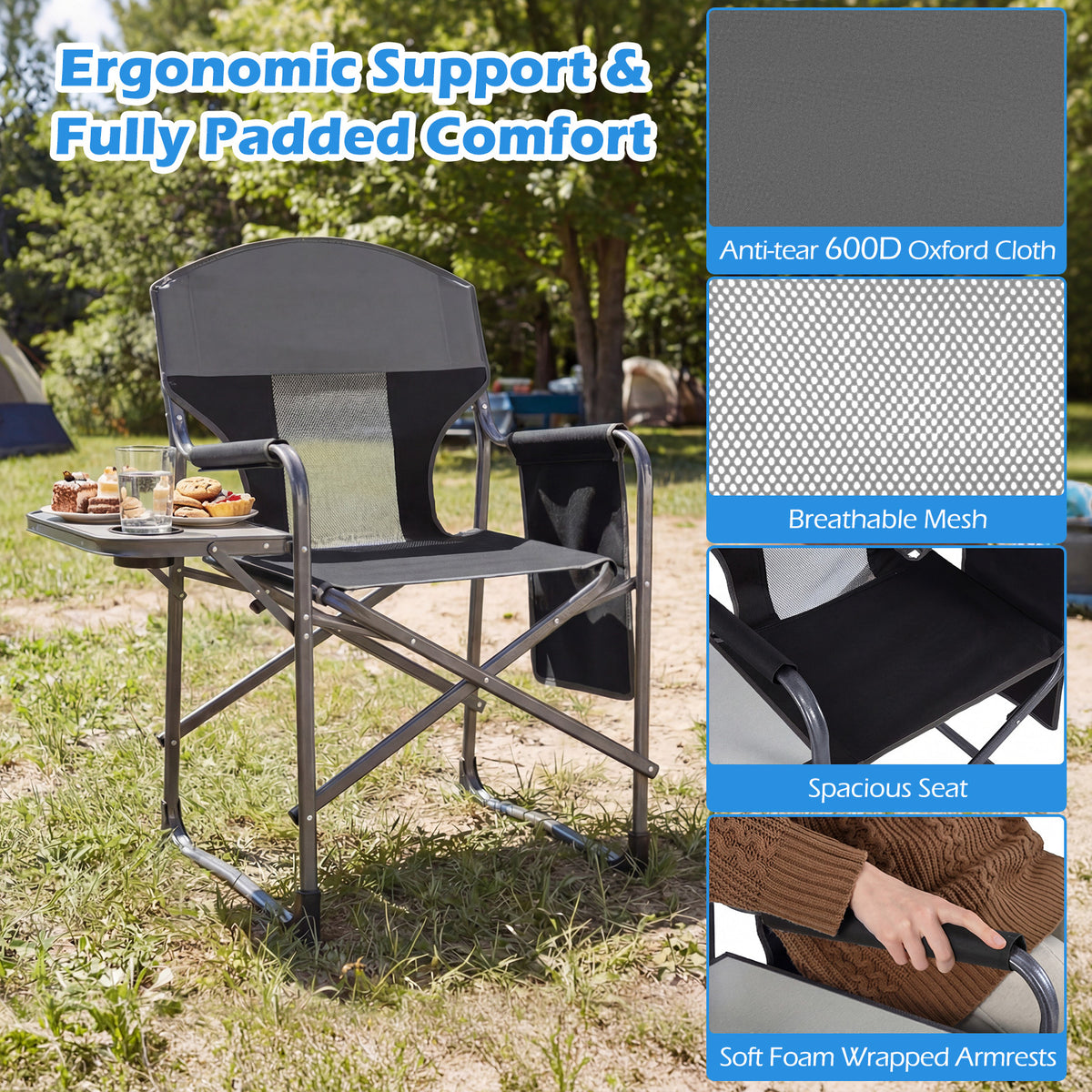 Oversized Padded Folding Camping Chair with Side Table-Black