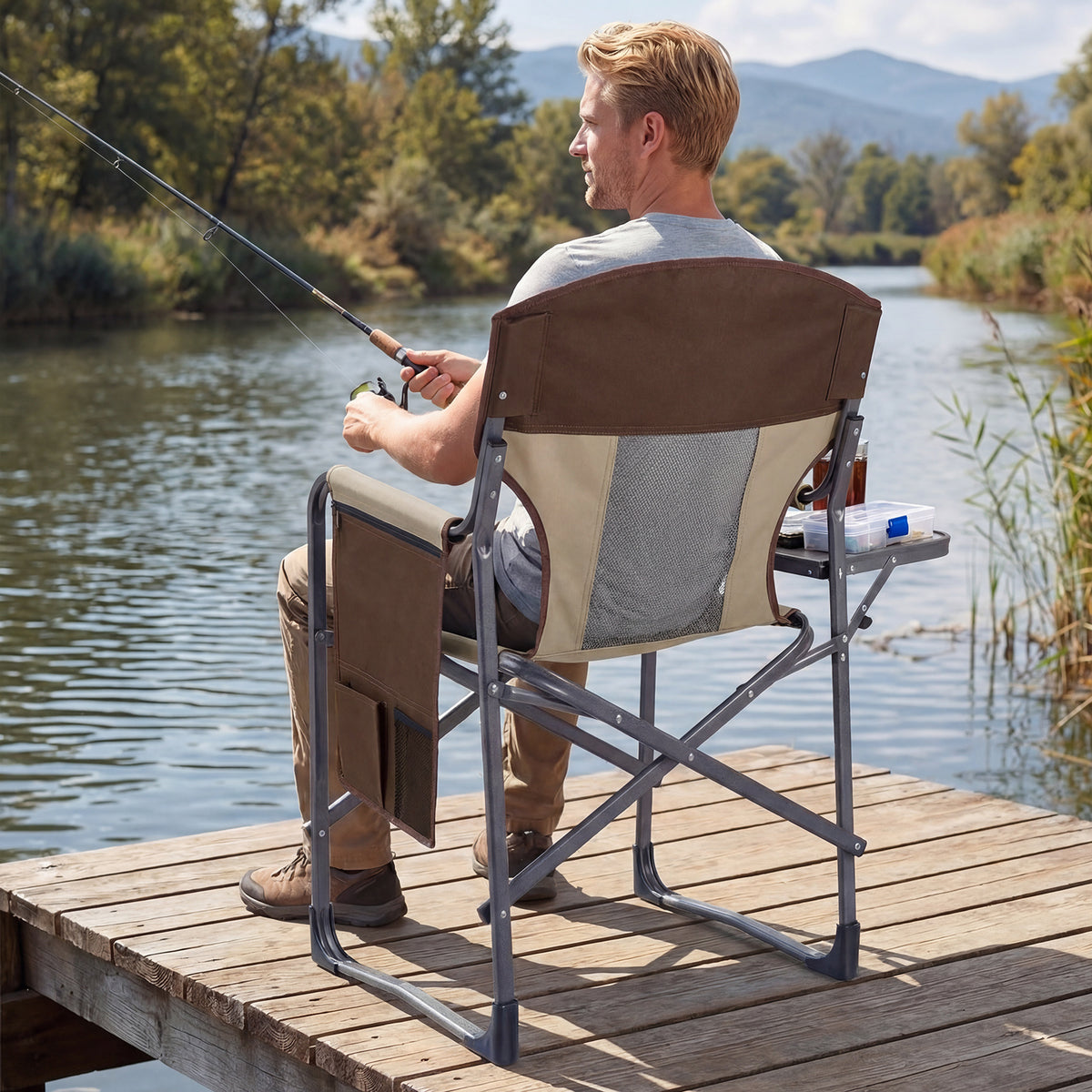 Oversized Padded Folding Camping Chair with Side Table-Brown