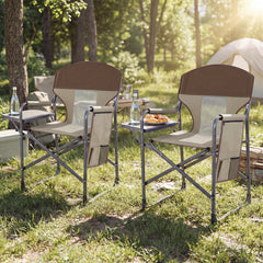 Oversized Padded Folding Camping Chair with Side Table-Brown