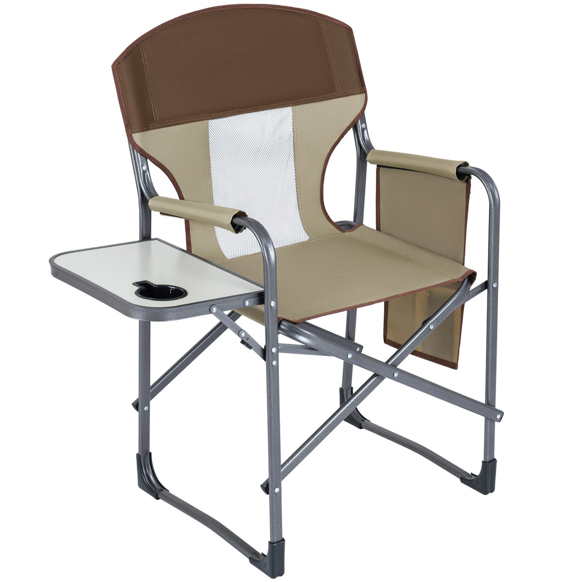 Oversized Padded Folding Camping Chair with Side Table-Brown