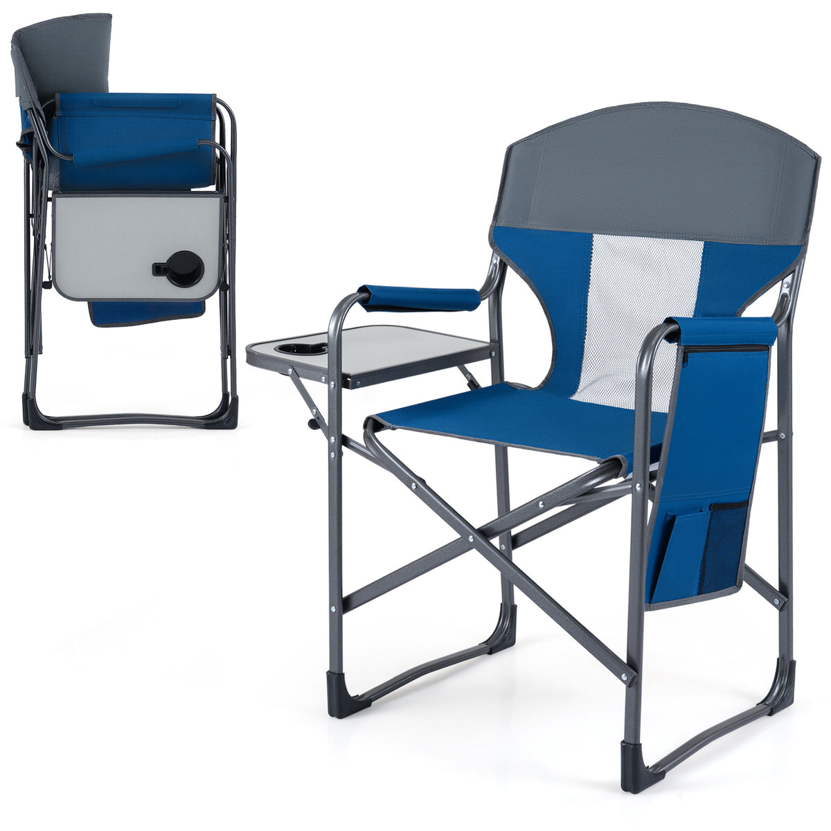 Oversized Padded Folding Camping Chair with Side Table-Navy