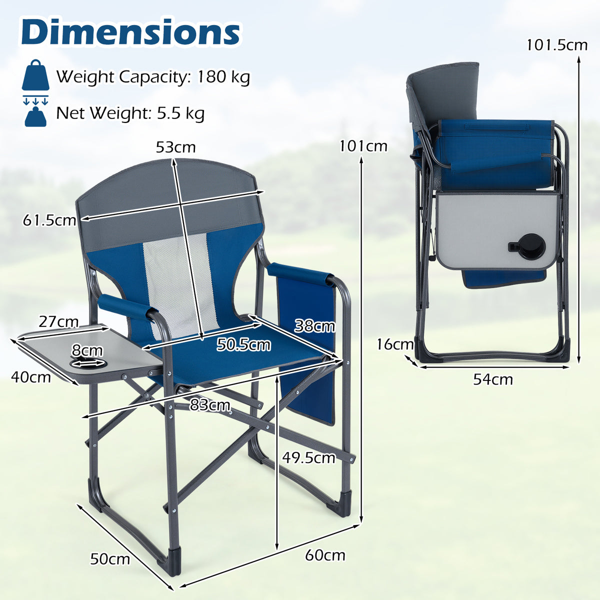 Oversized Padded Folding Camping Chair with Side Table-Navy