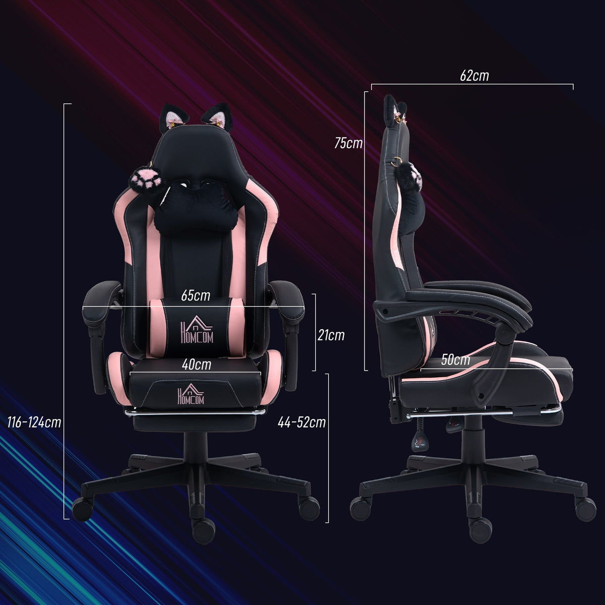 HOMCOM Cat Ear and Paw Reclining Office Chair, with Footrest - Black/Pink