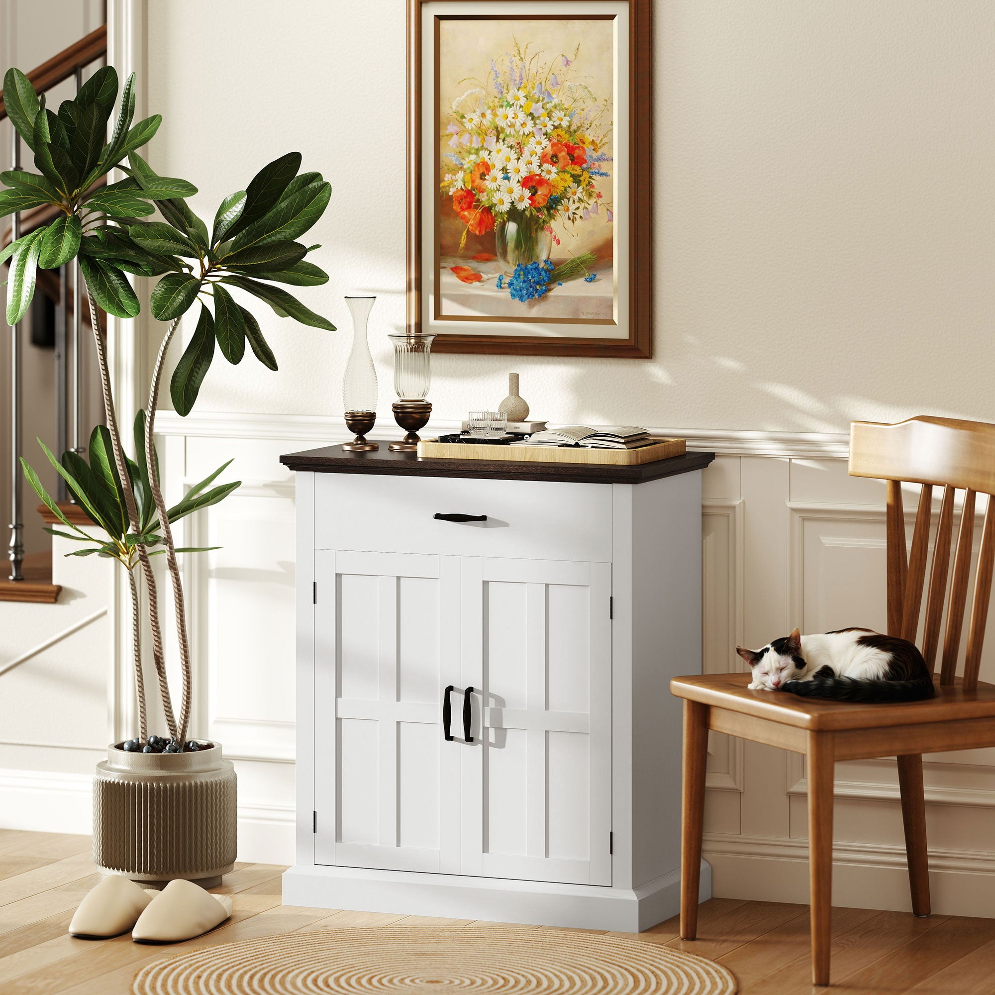 HOMCOM Farmhouse Sideboard with 3 cm Thick Top 2 Barn Doors - White