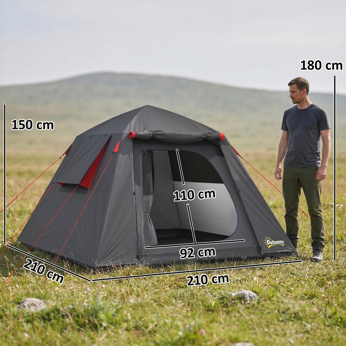 Outsunny Camping Tent 3000mm Waterproof Tent with 2 Doors, Dark Grey and Red