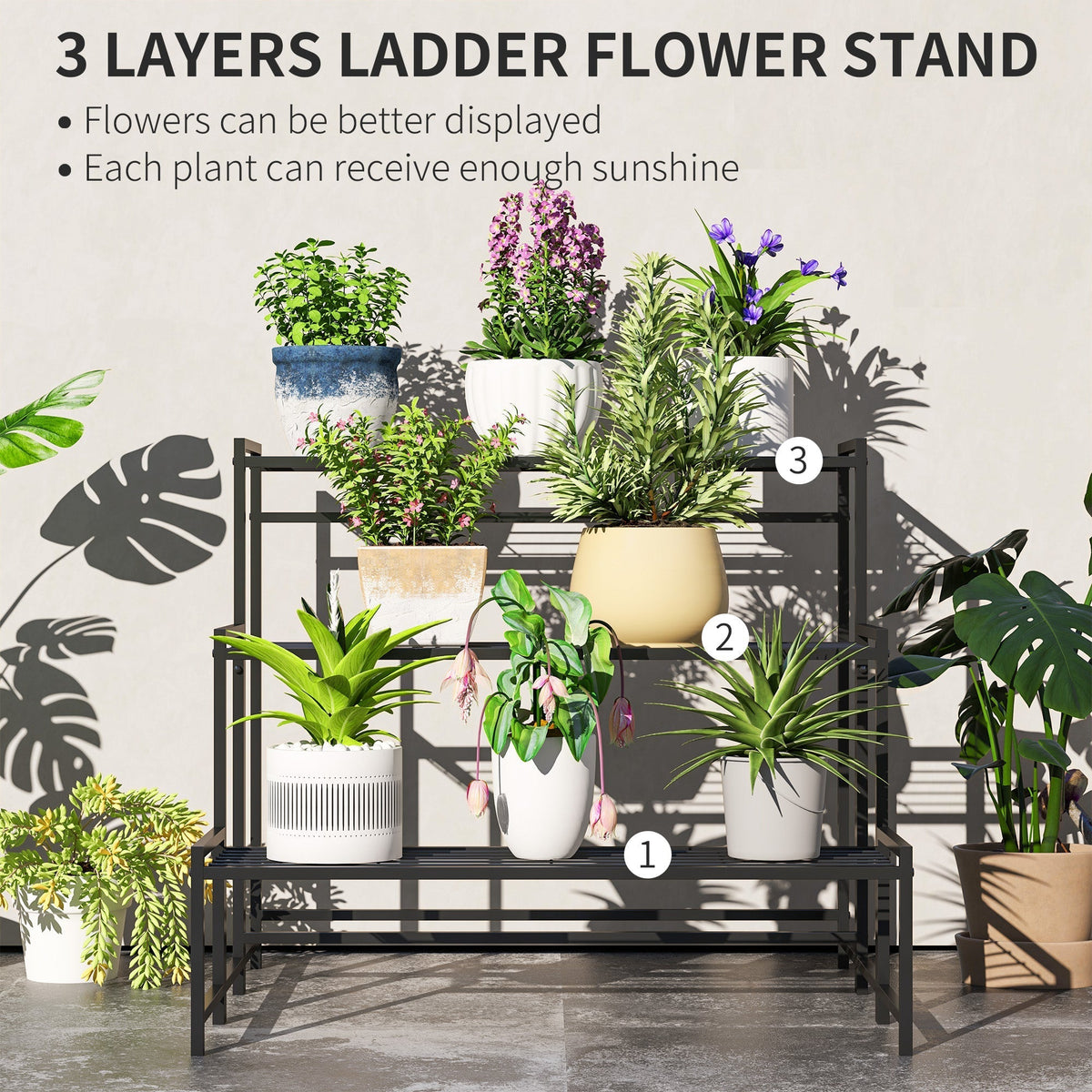 Outsunny Three-Tier Metal Plant Shelf - Black