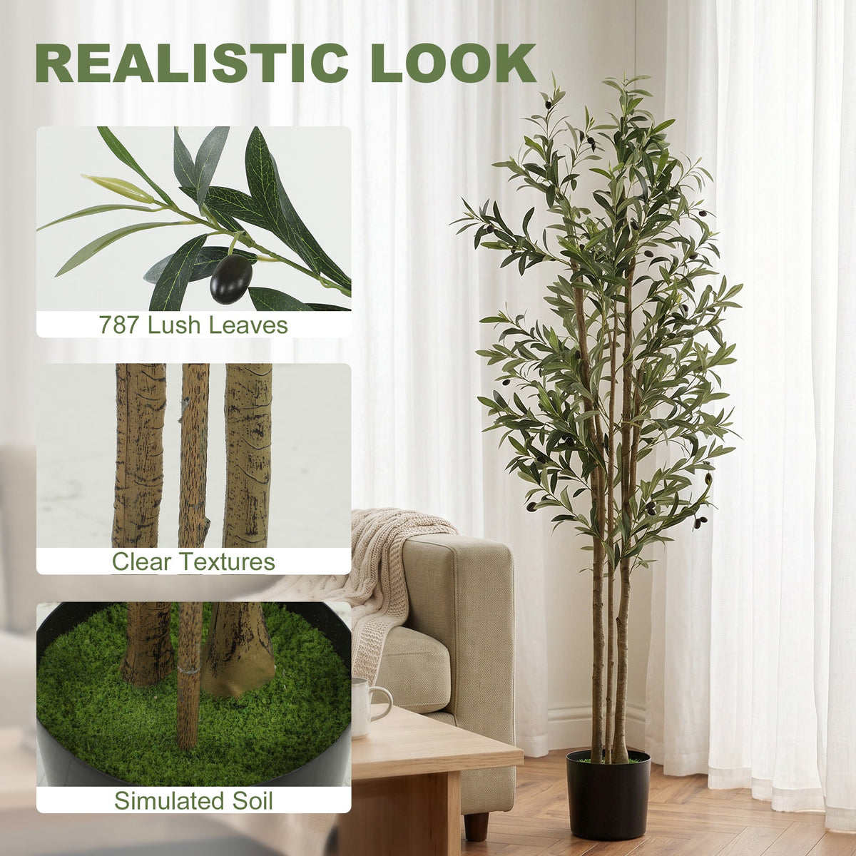 HOMCOM 175 cm Artificial Olive Tree, Tall Faux Plant with 787 Leaves & Adjustable Branches,