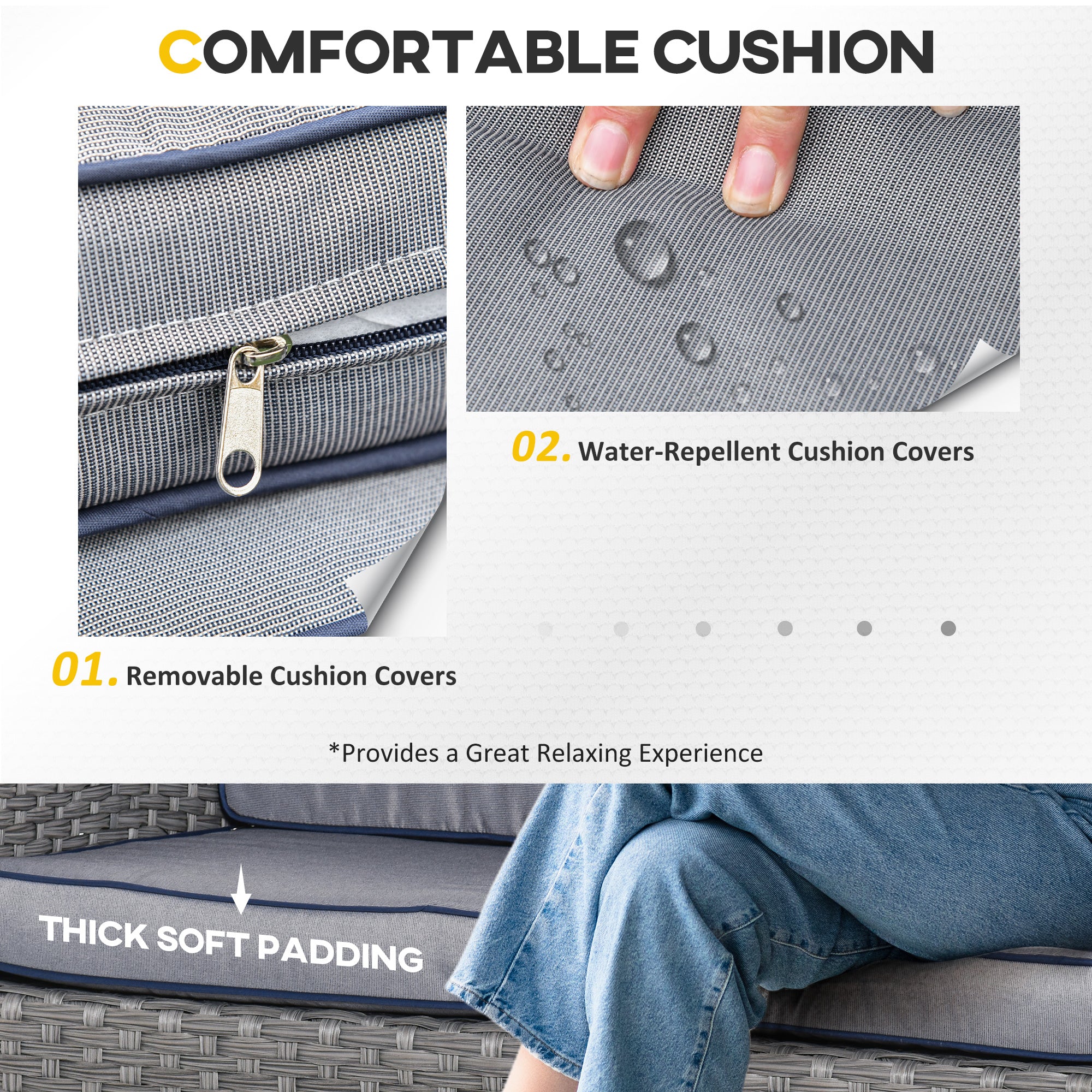 Outsunny 6 Pieces Rattan Garden Furniture Set, 6 Seater Garden Sofa Set with Glass Top Dining Table, Loveseat, 2 Armchairs and Ottomans, Wicker Outdoor Conservatory Furniture for Patio, Grey