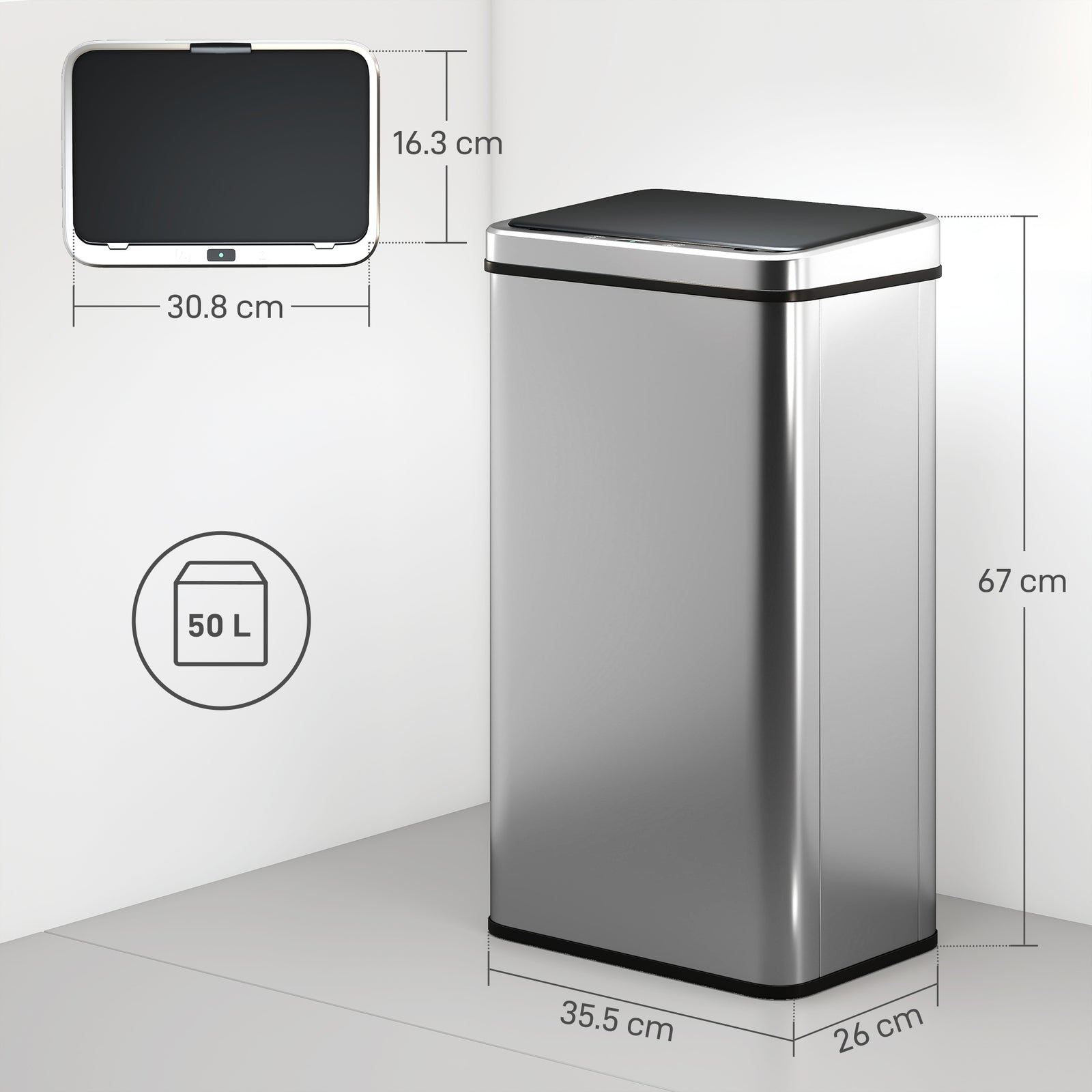HOMCOM 50L Sensor Bin with Soft-Close Lid, Stainless Steel Automatic Touchless Motion Sensor Kitchen Bin, Silver Tone