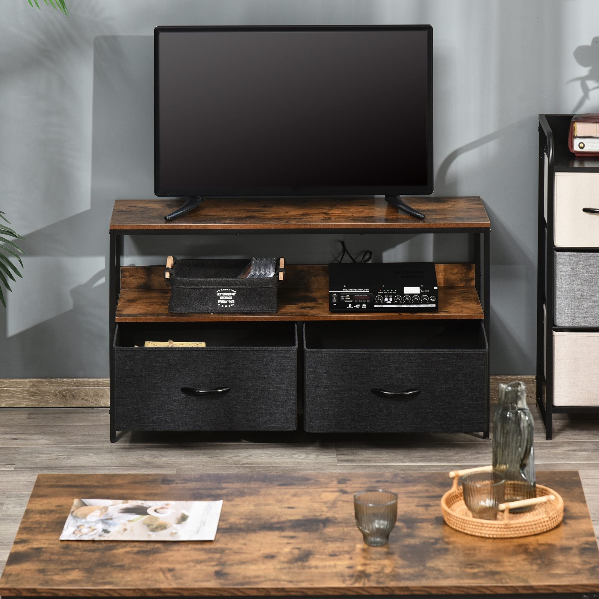 HOMCOM TV Stand Cabinet with 2 Foldable Drawers - Rustic Brown