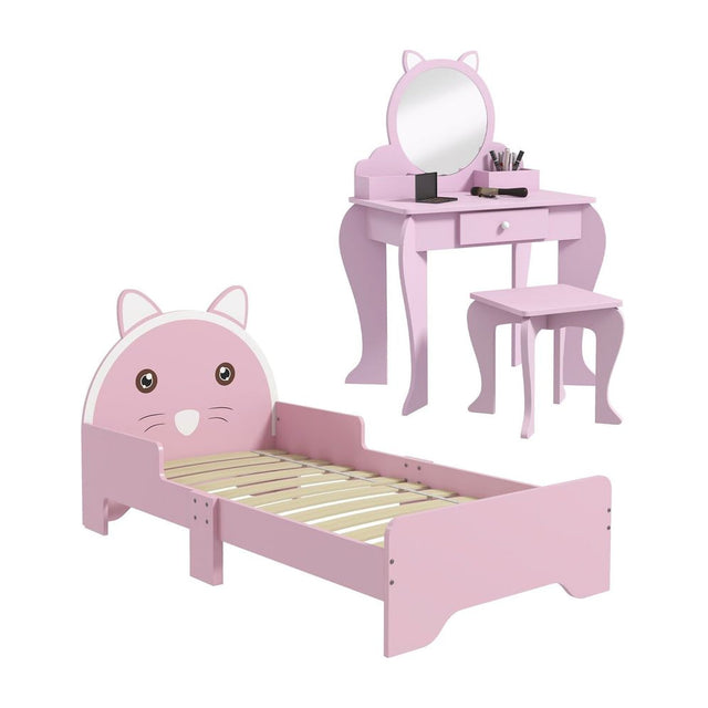 ZONEKIZ Wooden Kids Bedroom Furniture Set with Kids Dressing Table, Stool, Bed, for 3-6 Years, Cat-Design
