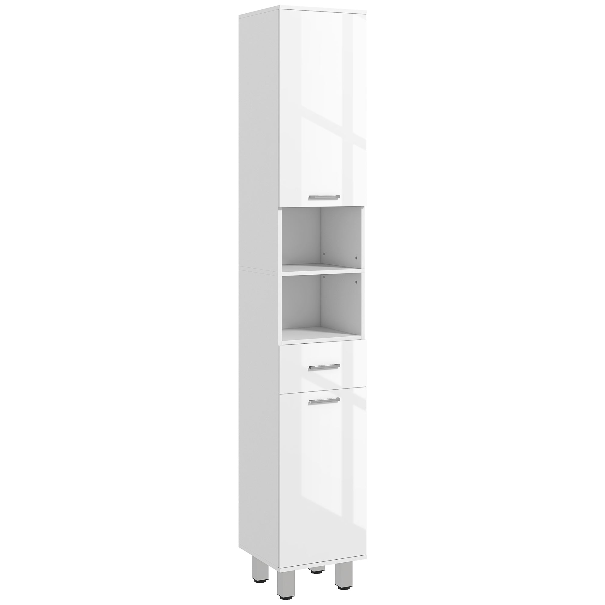 kleankin 71" Tall Slim Bathroom Storage Cabinet, Tall Narrow Cupboard with Drawer, Open Shelves, 2 Doors Cabinets and Adjustable Shelves for Kitchen, Hallway, Living Room, High Gloss White