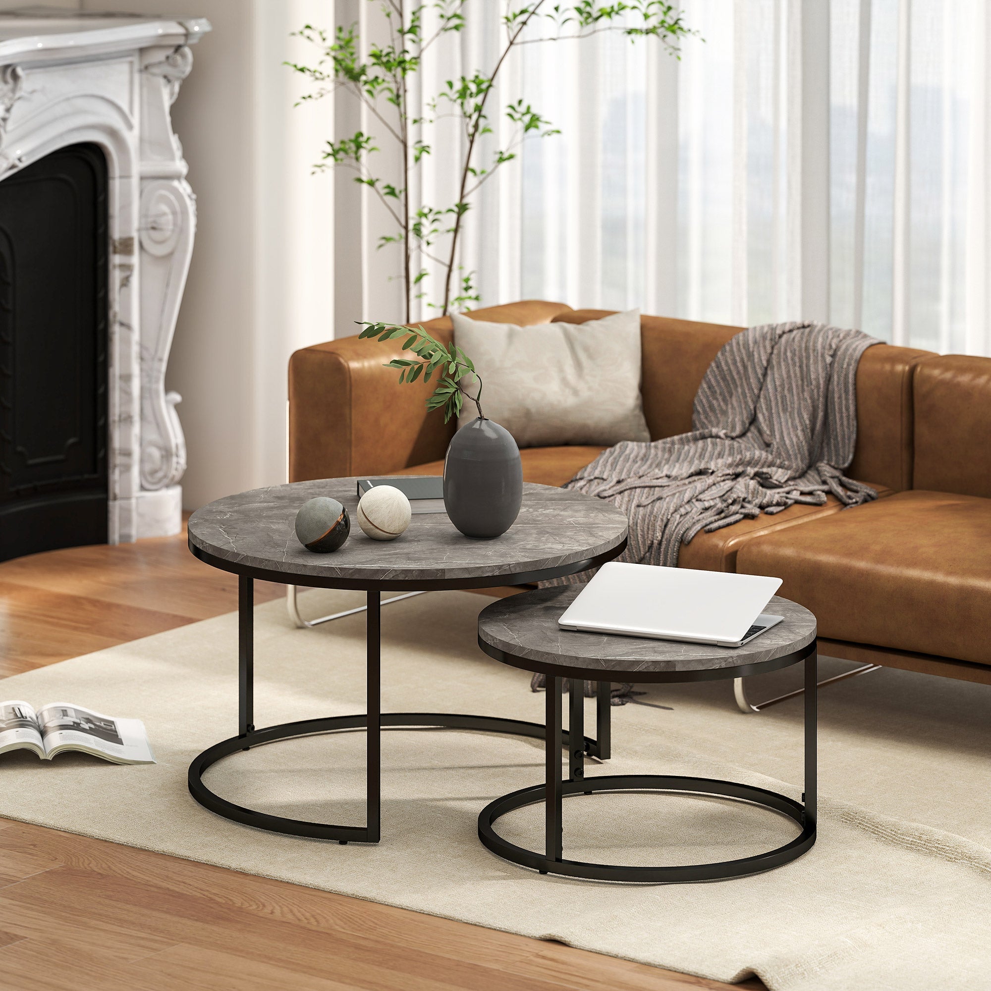 HOMCOM Industrial Nesting Coffee Table Set of 2, Round Coffee Tables, Living Room Table with Faux Marbled Top and Steel Frame