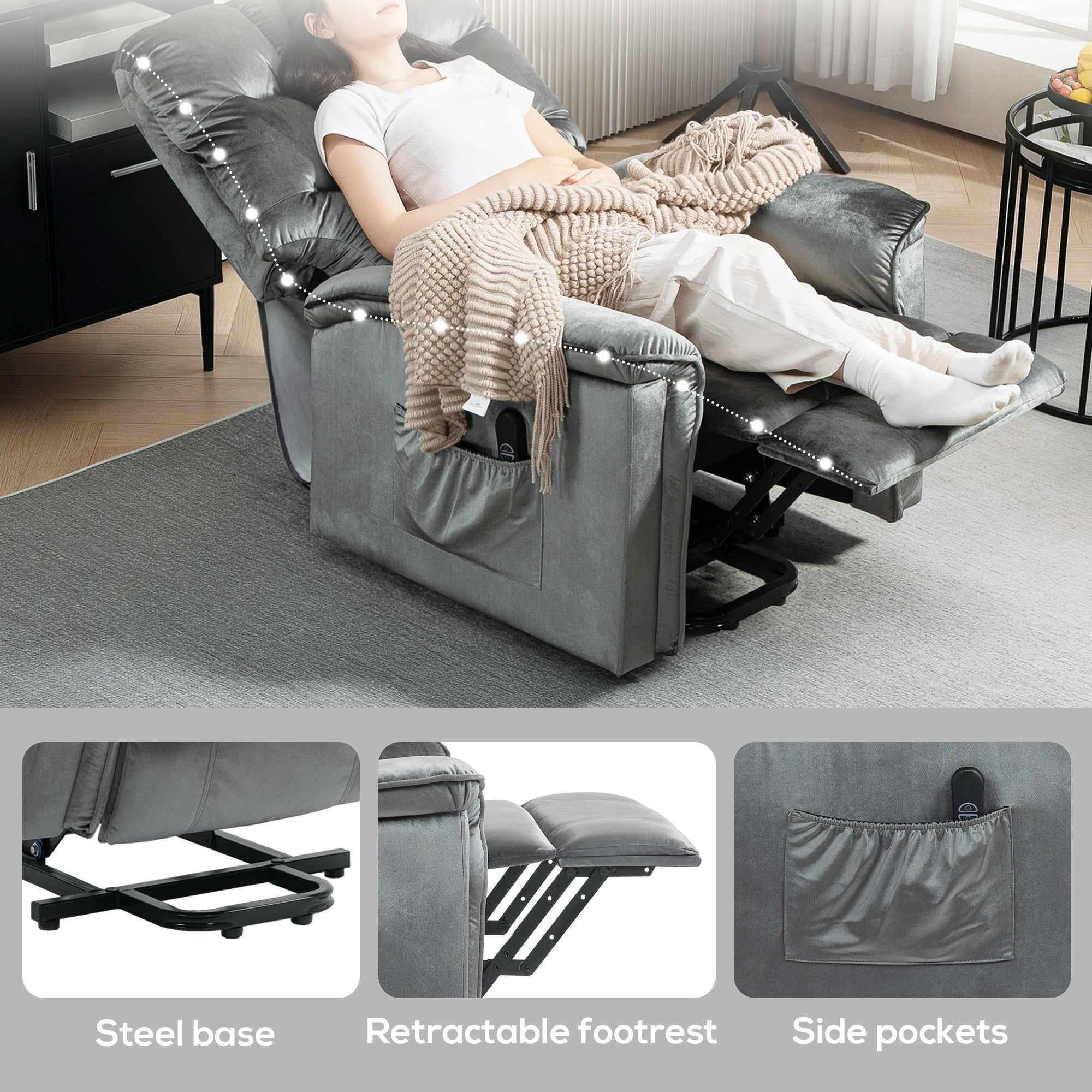 HOMCOM Velvet-Feel Electric Lift Recliner Chair - Dark Grey