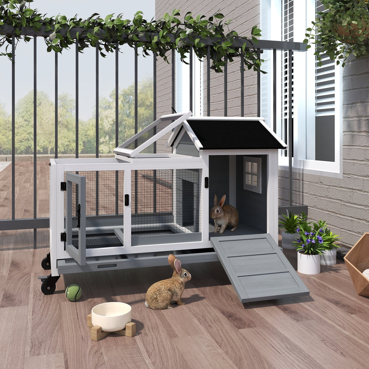 PawHut Wooden Rabbit Hutch, Guinea Pig Cage, with Removable Tray, Wheels - Grey