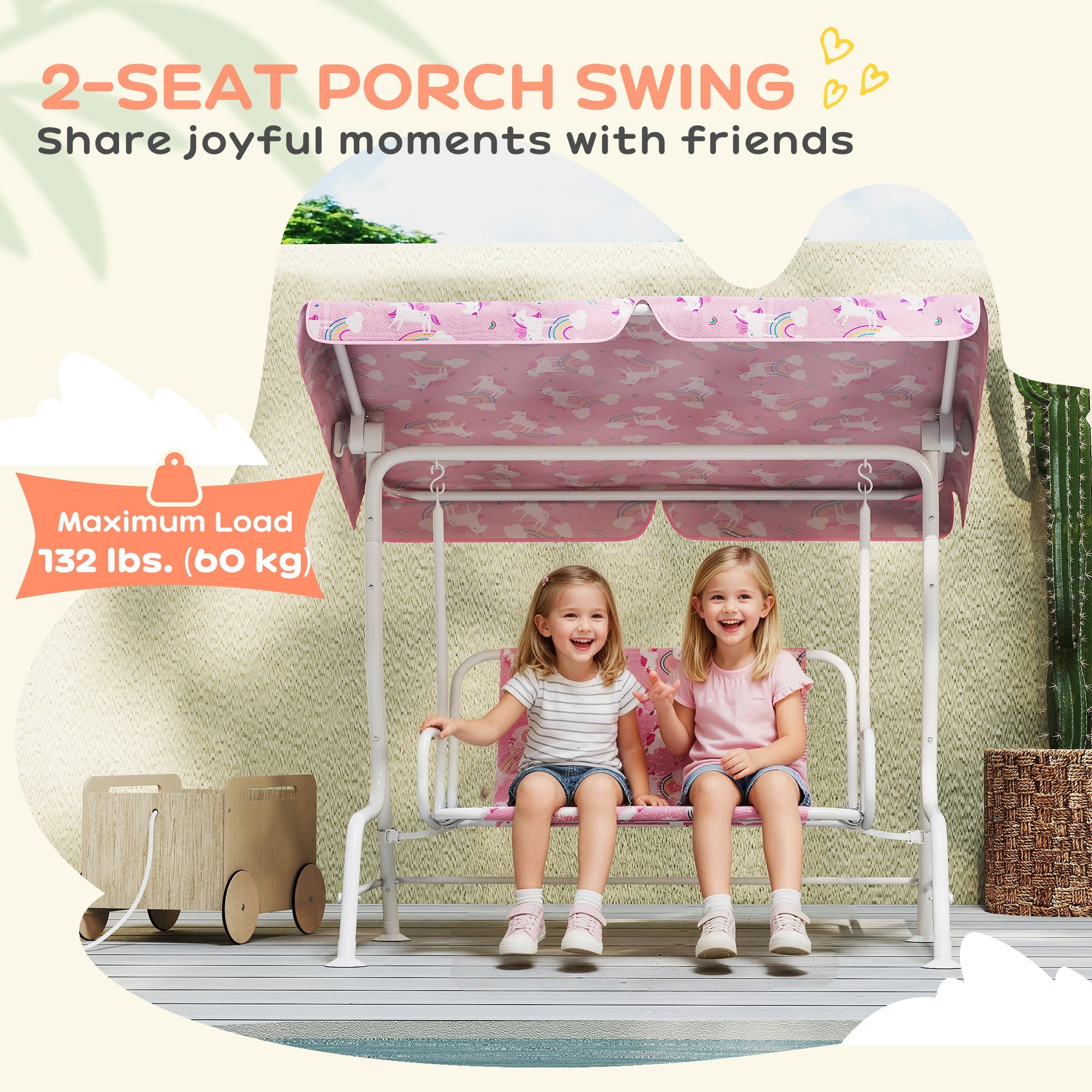 AIYAPLAY Kids Porch Swing, 2-Seater Patio Swing Bench Hammock with Seat Belts, Adjustable Canopy for Garden, Pink