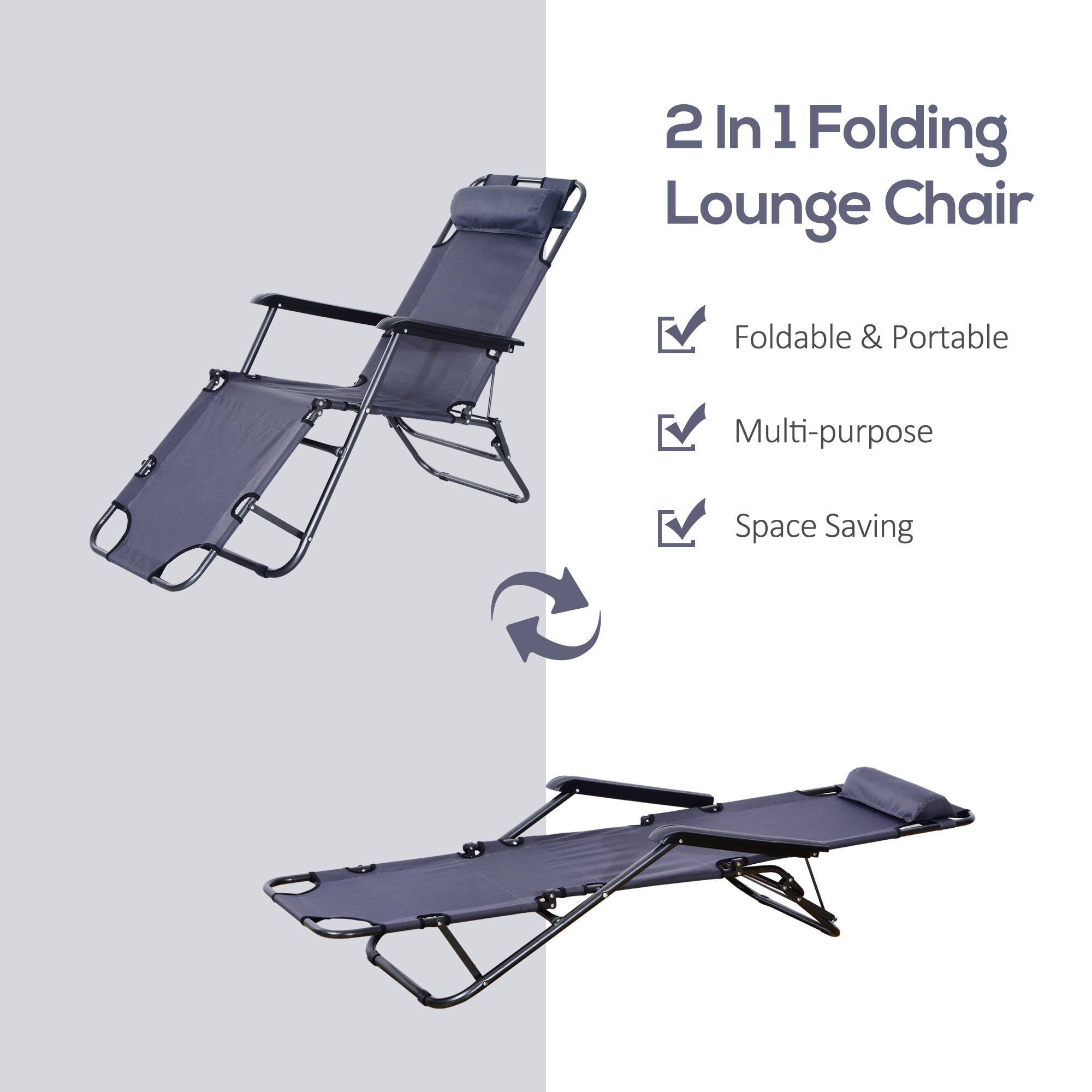 Outsunny 2 in 1 Folding Sun Lounger Reclining Garden Chair Set of 2 with 2-Level Adjustable Backrest, Outdoor Zero Gravity Recliner Garden Chairs with Head Pillow and Armrests, Grey