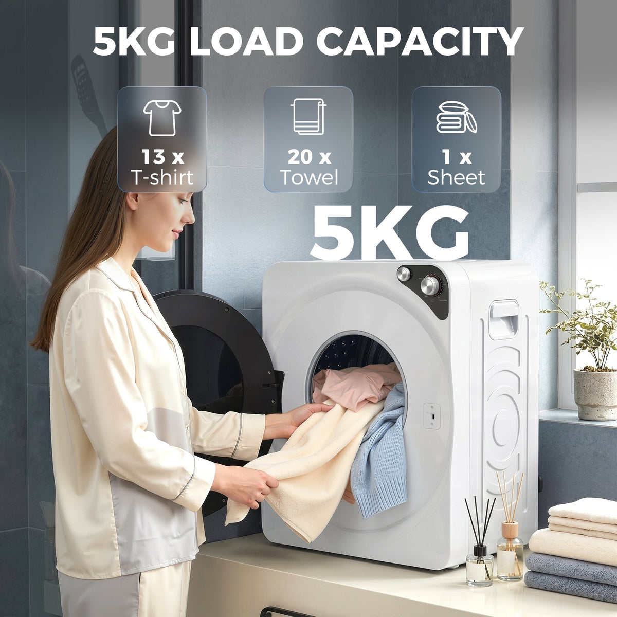 HOMCOM 5kg Vented Tumble Dryer, 1000W Compact Tumble Dryer with 5 Drying Modes, Stainless Steel Tub, White