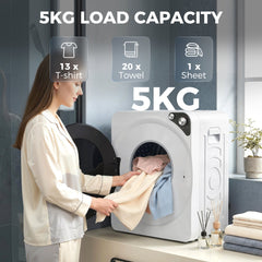 HOMCOM 5kg Vented Tumble Dryer, 1000W Compact Tumble Dryer with 5 Drying Modes, Stainless Steel Tub, White