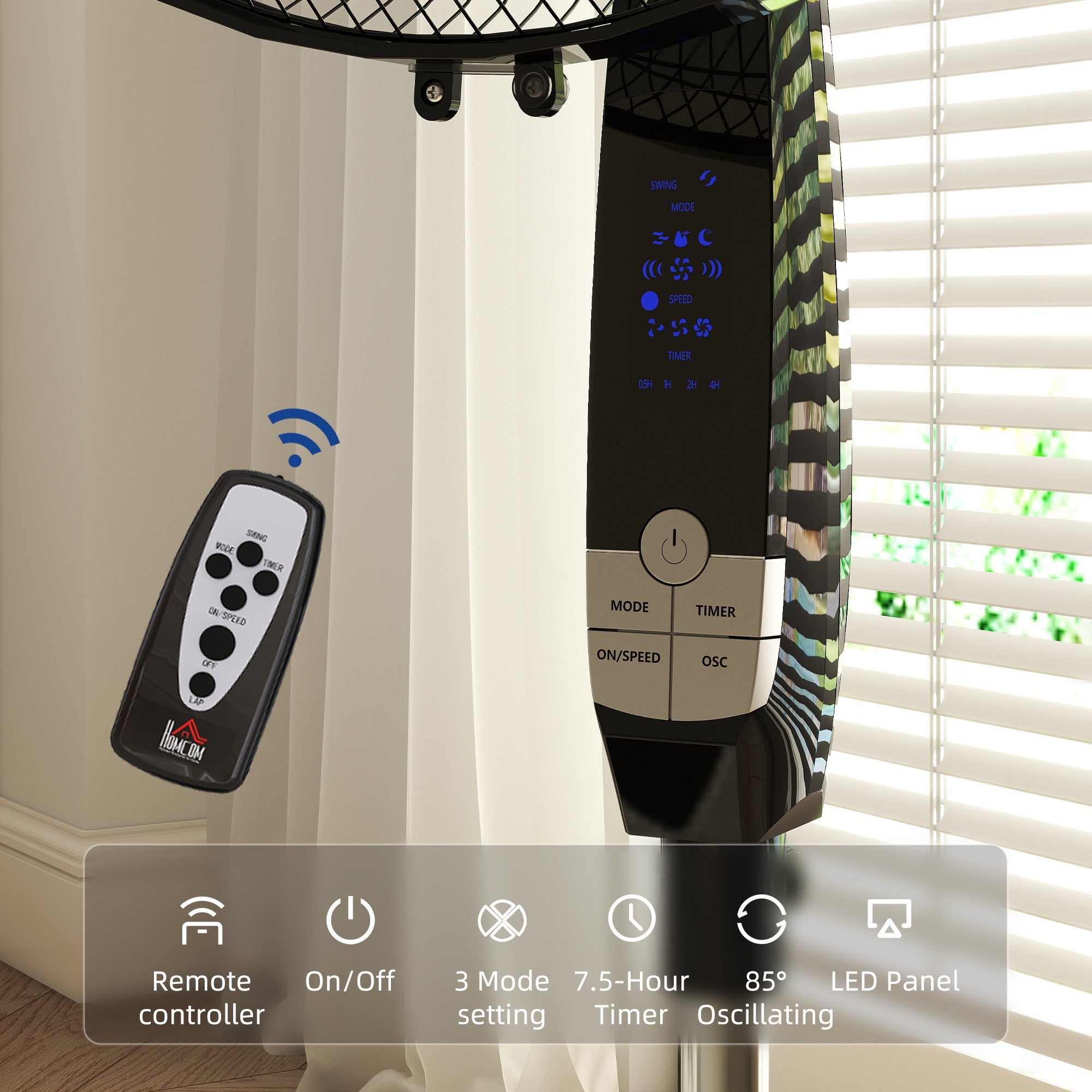 HOMCOM 16" Pedestal Standing Floor Fan, Oscillation Cooling Fan with Remote Control, Black