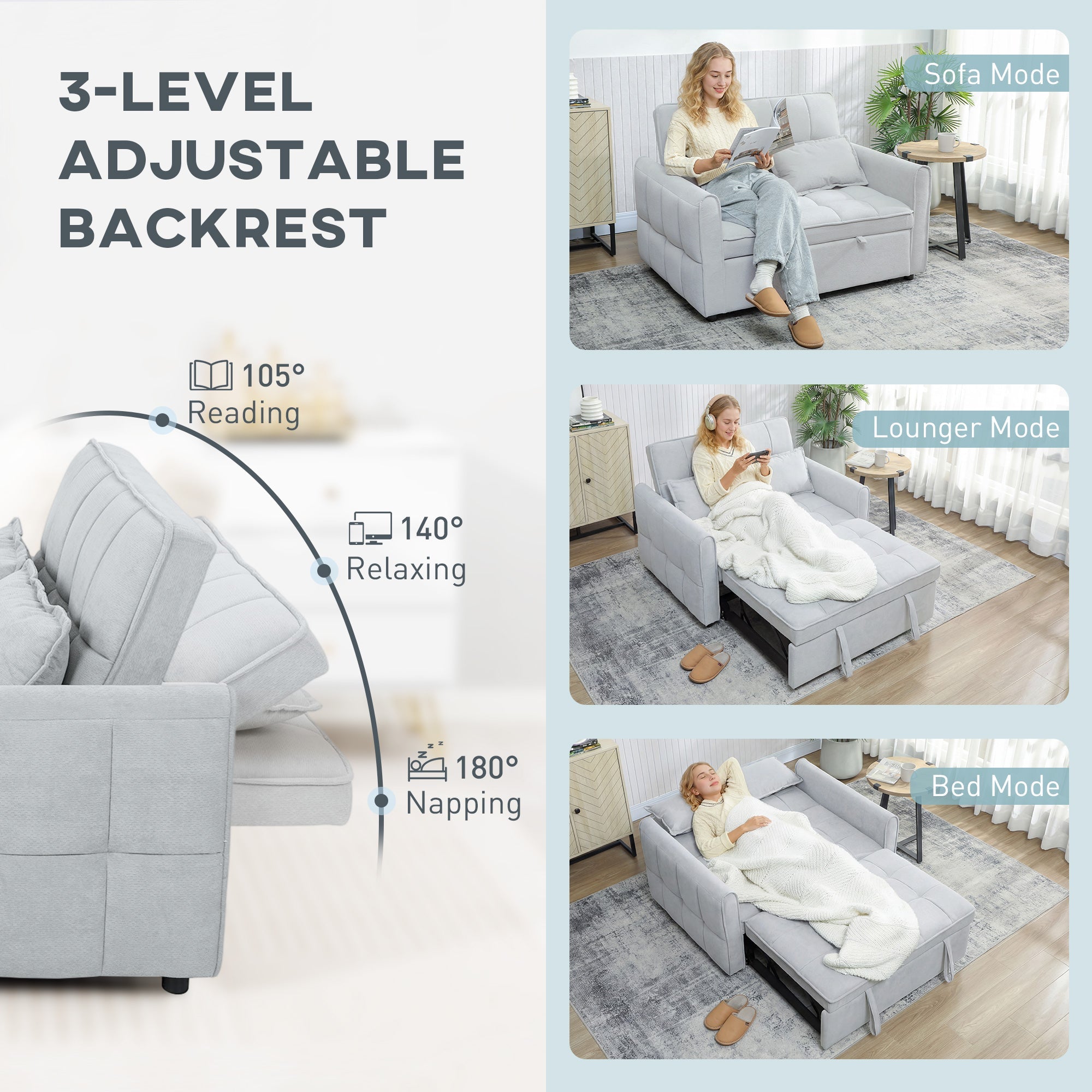 HOMCOM 2 Seater Sofa Bed, 3-in-1 Convertible Sleeper Sofa with Click-clack Adjustable Backrest and 2 Pillows, Light Grey