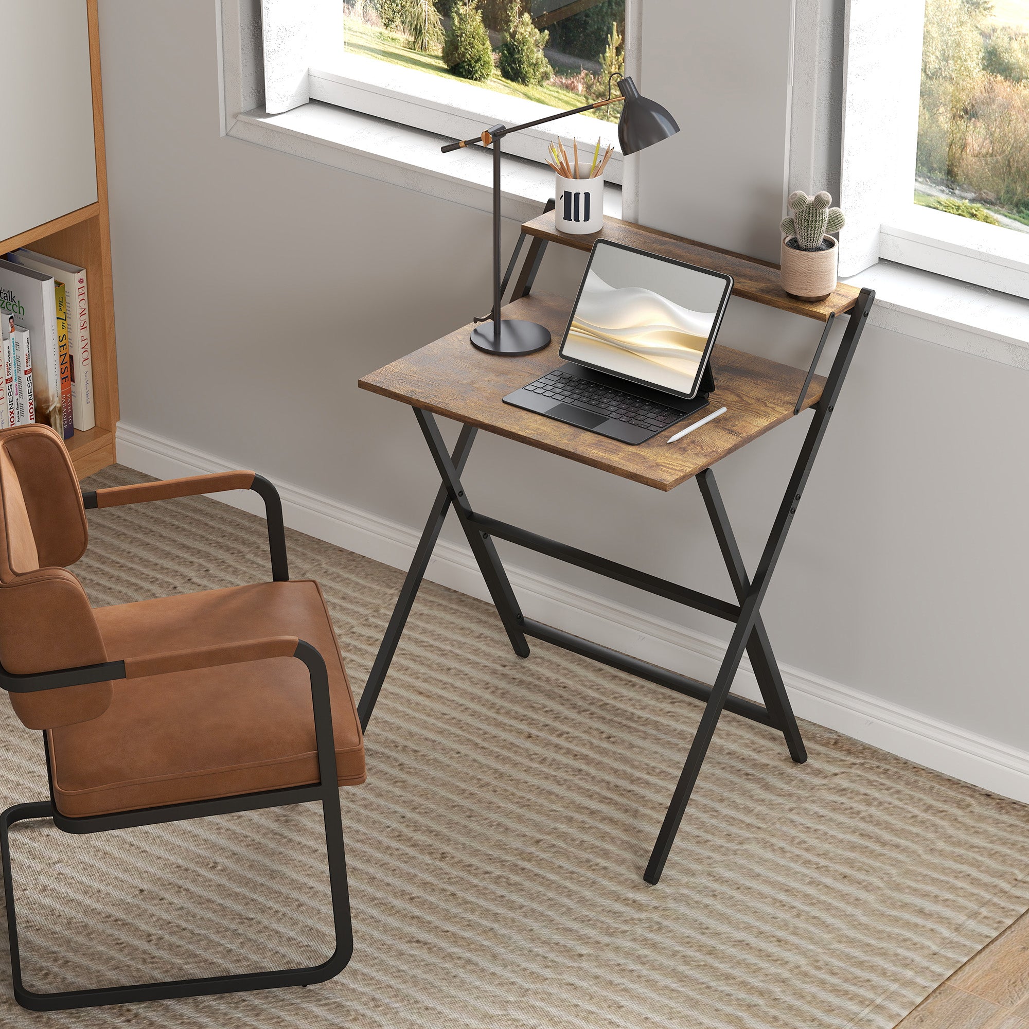 HOMCOM 70 cm Folding Computer Desk with Monitor Shelf - Rustic Brown