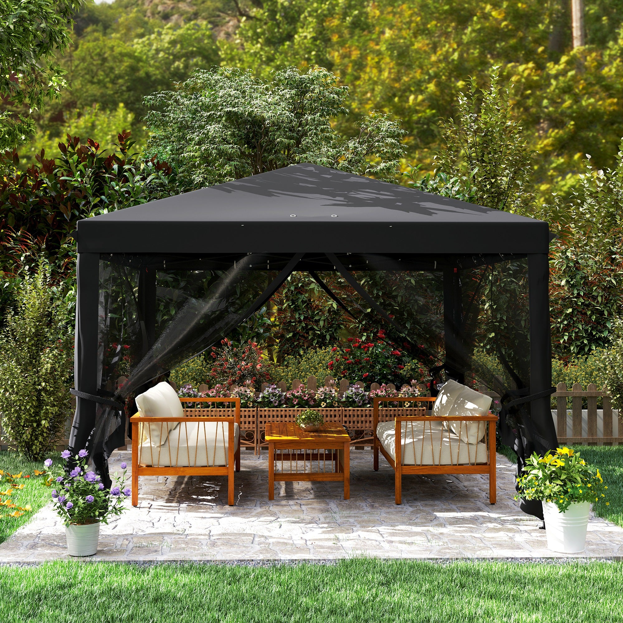 Outsunny 3 x 3√Ç m Pop Up Gazebo, 420D Garden Tent Canopy with Removable Mesh Sidewall Netting, Carry Bag for Garden Patio Outdoor, Black