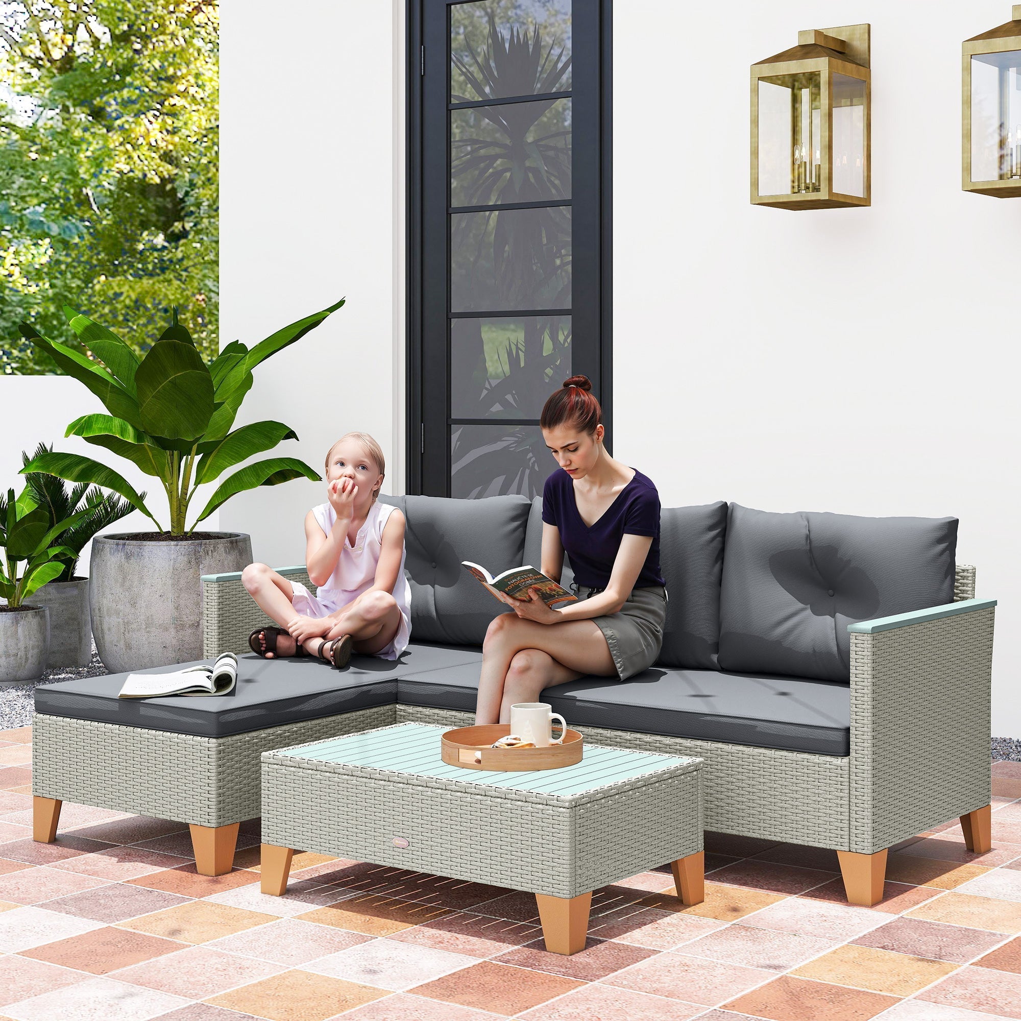 Outsunny 3 Pieces Rattan Garden Furniture Set, L Shaped Garden Conversation Chaise Lounge Furniture with Wood Top Coffee Table and Thick Cushions, Charcoal Grey