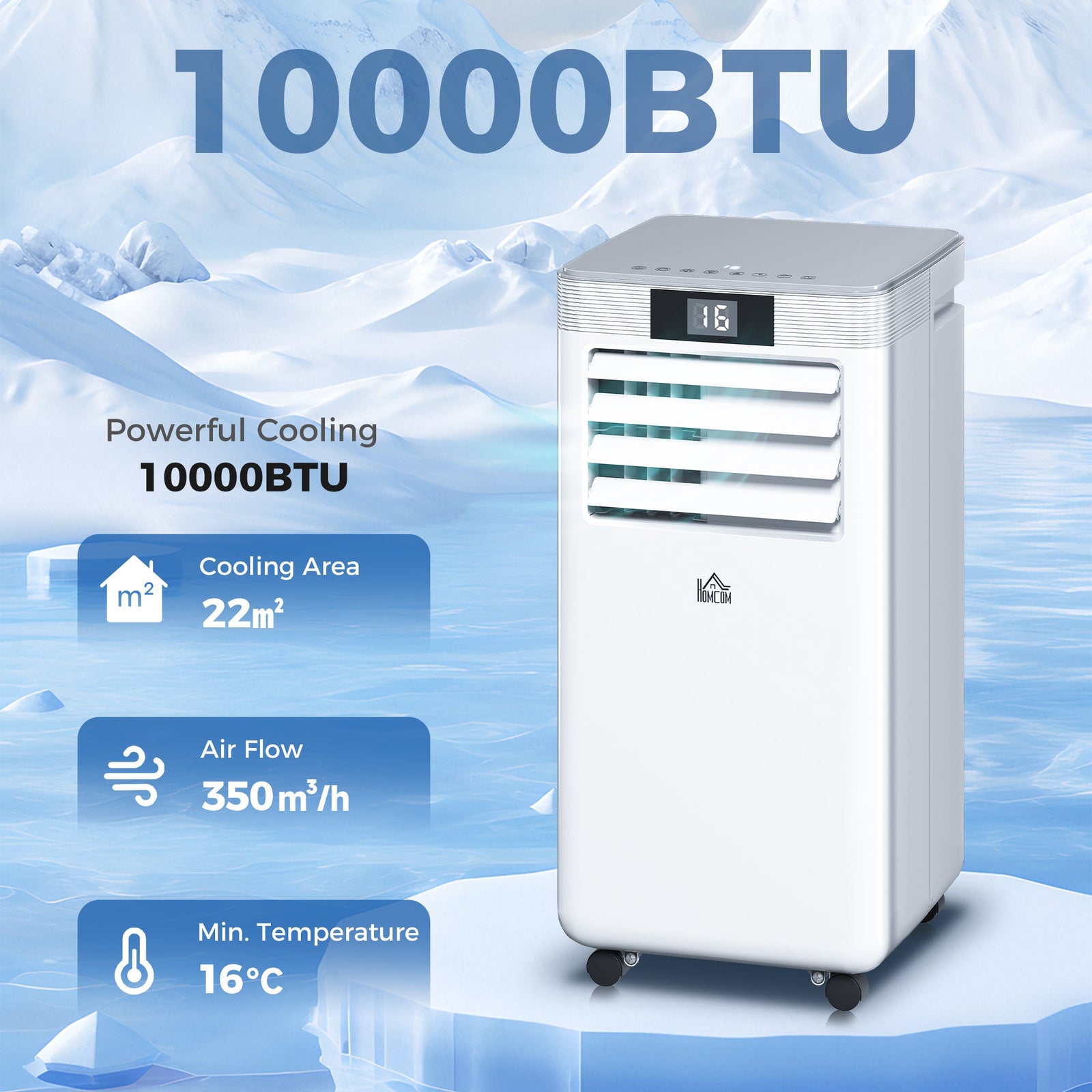 HOMCOM 10000 BTU Air Conditioning Unit, 4-in-1 Portable Air Conditioner, Dehumidifier, Cooling, Fan, Sleep Mode, with Remote Control, LED Display, 2 Speeds, 24H Timer, Window Venting Kit, 22m²