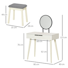 HOMCOM Dressing Table with Mirror and Stool, Vanity Makeup Desk Set with 2 Drawers, Cushioned Stool and Make-up Organiser for Bedroom and Dressing Room, 80 x 40 x 123 cm, White