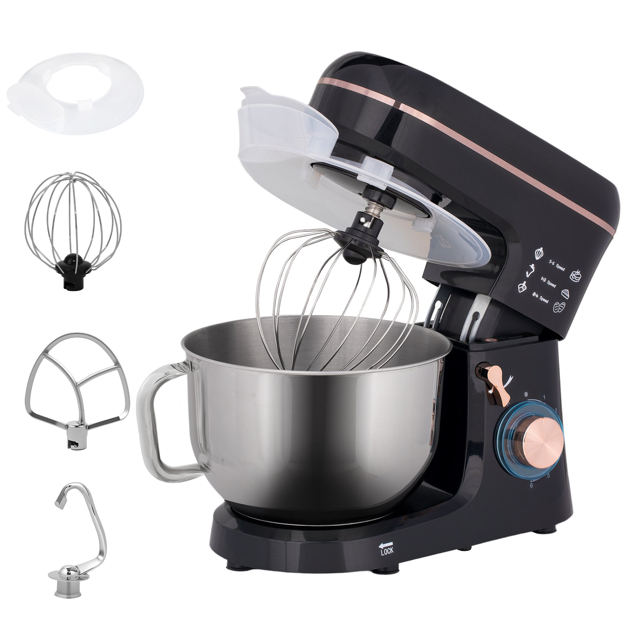 HOMCOM Stand Mixer, 5L Food Mixer for Baking, 6 Speeds and Pulse Setting, 1400W Cake Electric Kitchen Mixer with Dough Hook, Whisk, Stainless Steel Bowl, Splash Guard, Beater, Black