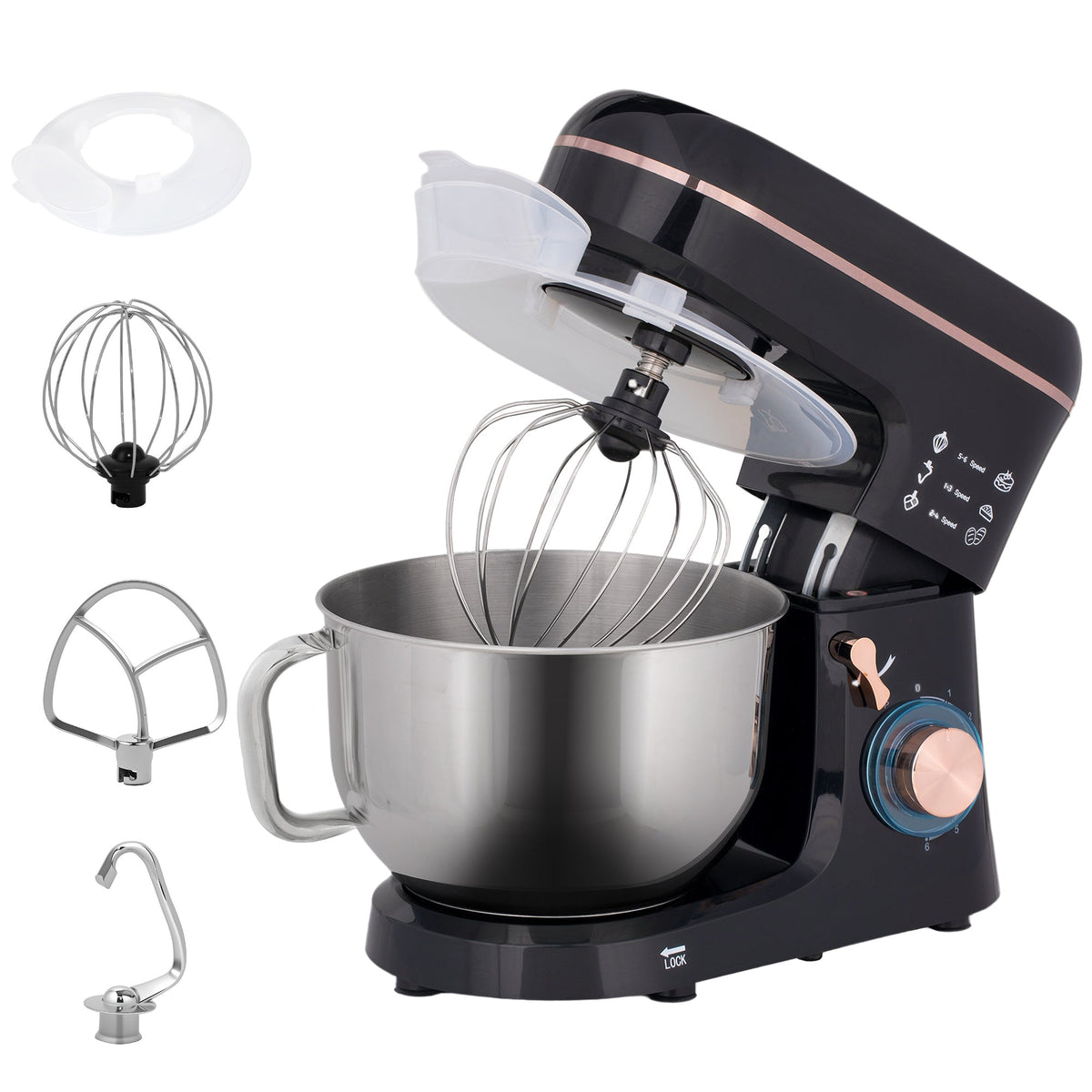HOMCOM Stand Mixer, 5L Food Mixer for Baking, 6 Speeds and Pulse Setting, 1400W Cake Electric Kitchen Mixer with Dough Hook, Whisk, Stainless Steel Bowl, Splash Guard, Beater, Black