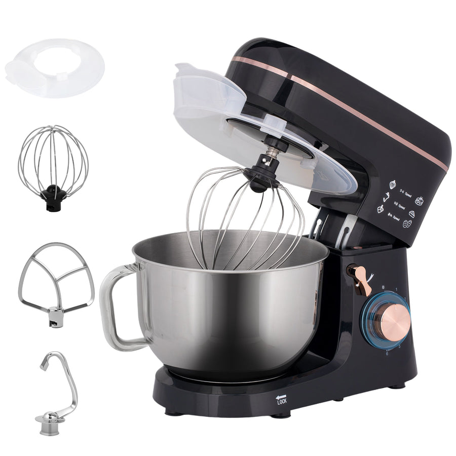 HOMCOM Stand Mixer, 5L Food Mixer for Baking, 6 Speeds and Pulse Setting, 1400W Cake Electric Kitchen Mixer with Dough Hook, Whisk, Stainless Steel Bowl, Splash Guard, Beater, Black