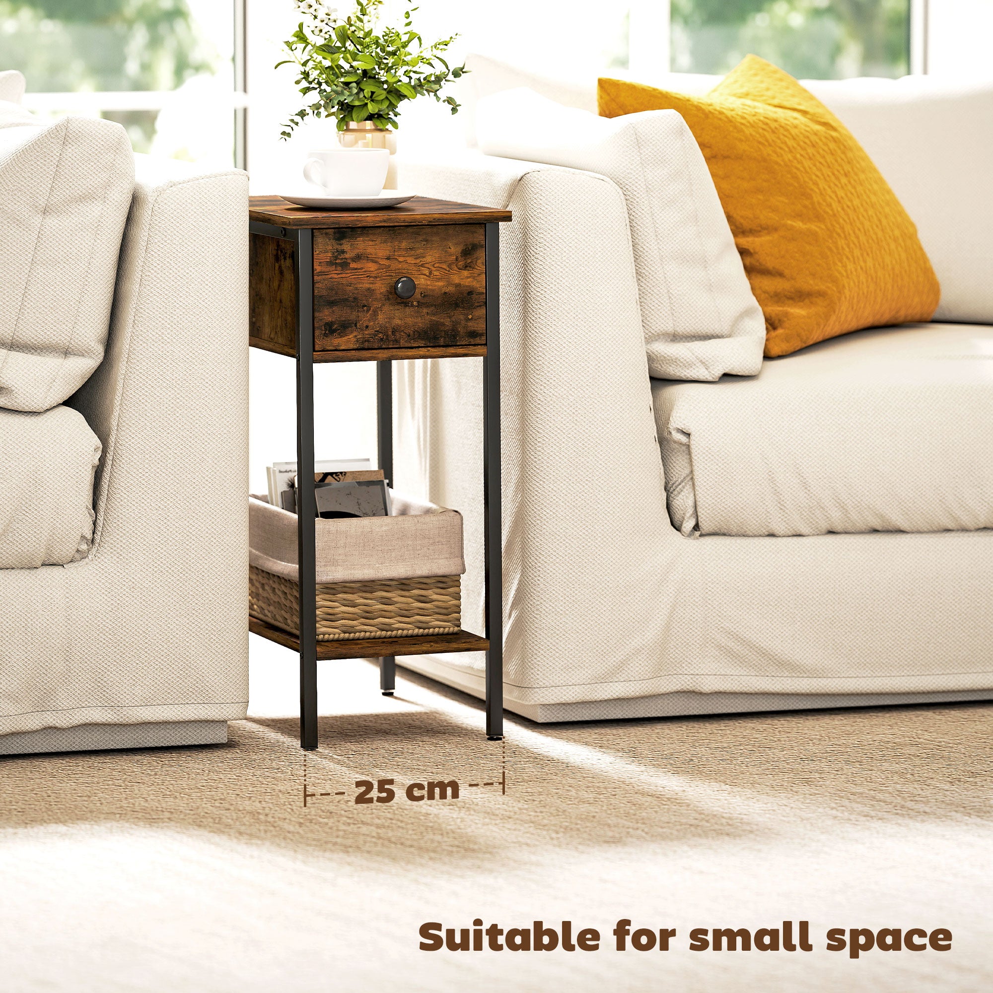 HOMCOM Narrow Side Table with Drawer and Storage Shelf - Rustic Brown