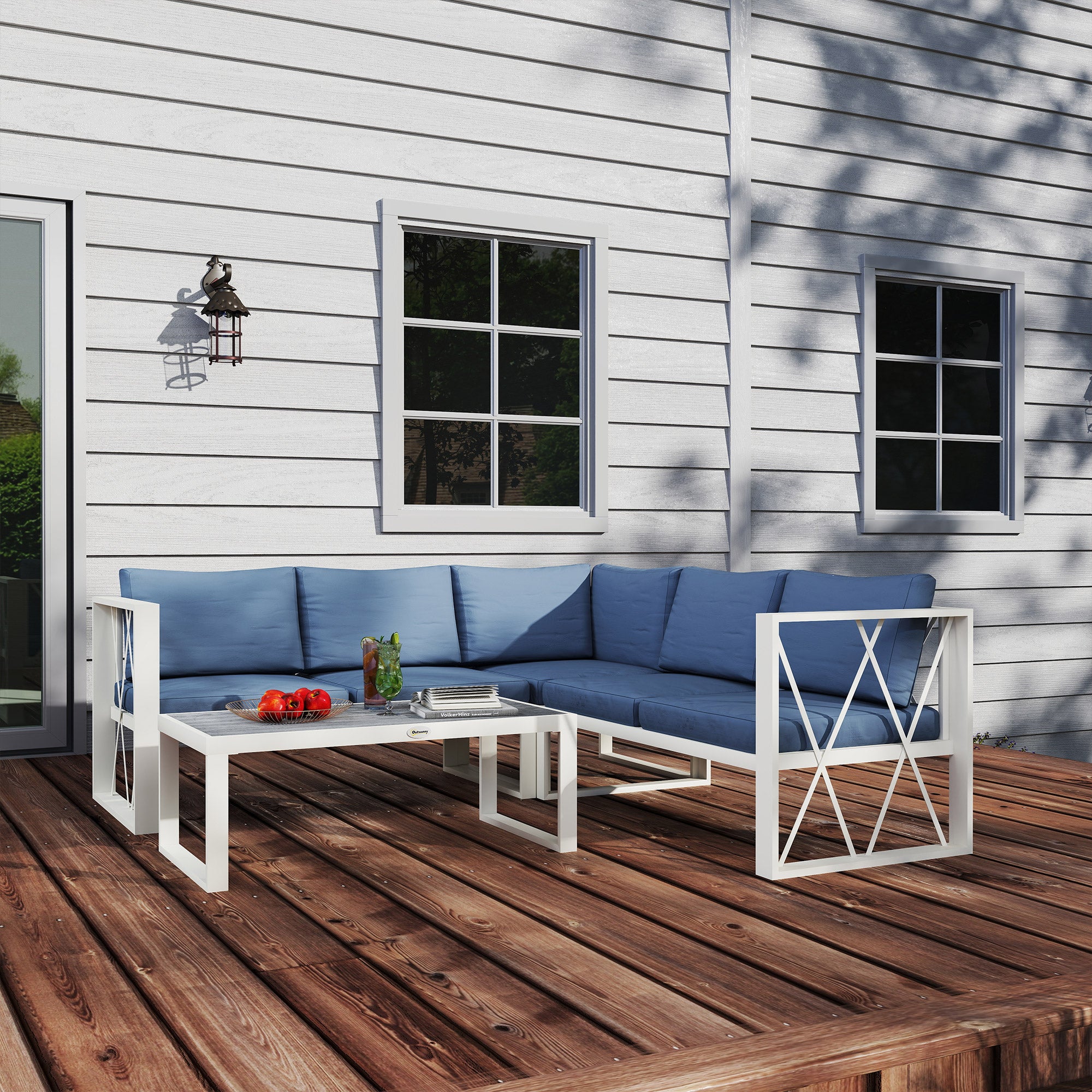 Outsunny Four-Piece L Shaped Garden Furniture Set with 5-Level Adjustable Lounger - Grey