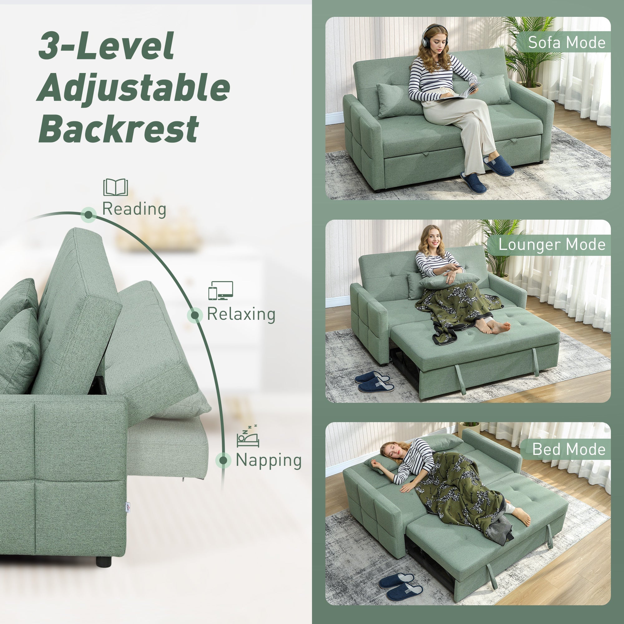HOMCOM Three-Way Two-Seater Sofa Bed - Green