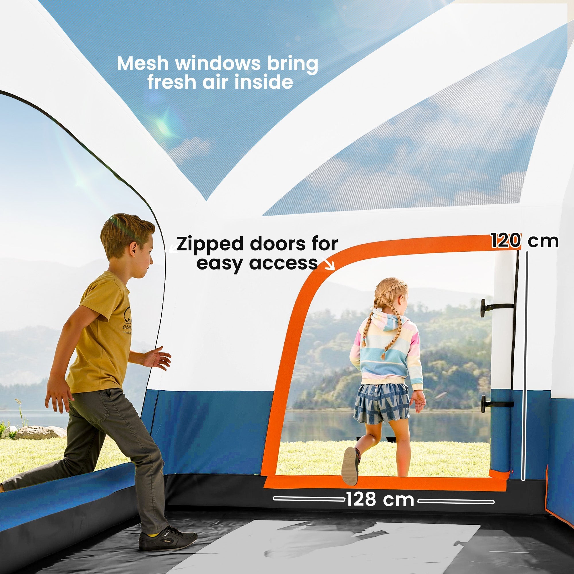 Outsunny 4 Man Camping Tent, Double Layer Tunnel Tent with Porch, Living Area and 2 Bedrooms, Sewn in Groundsheet, 3000mm Waterproof and UPF 30+, Portable with Bag, 430 x 305 x 195 cm Large, Blue