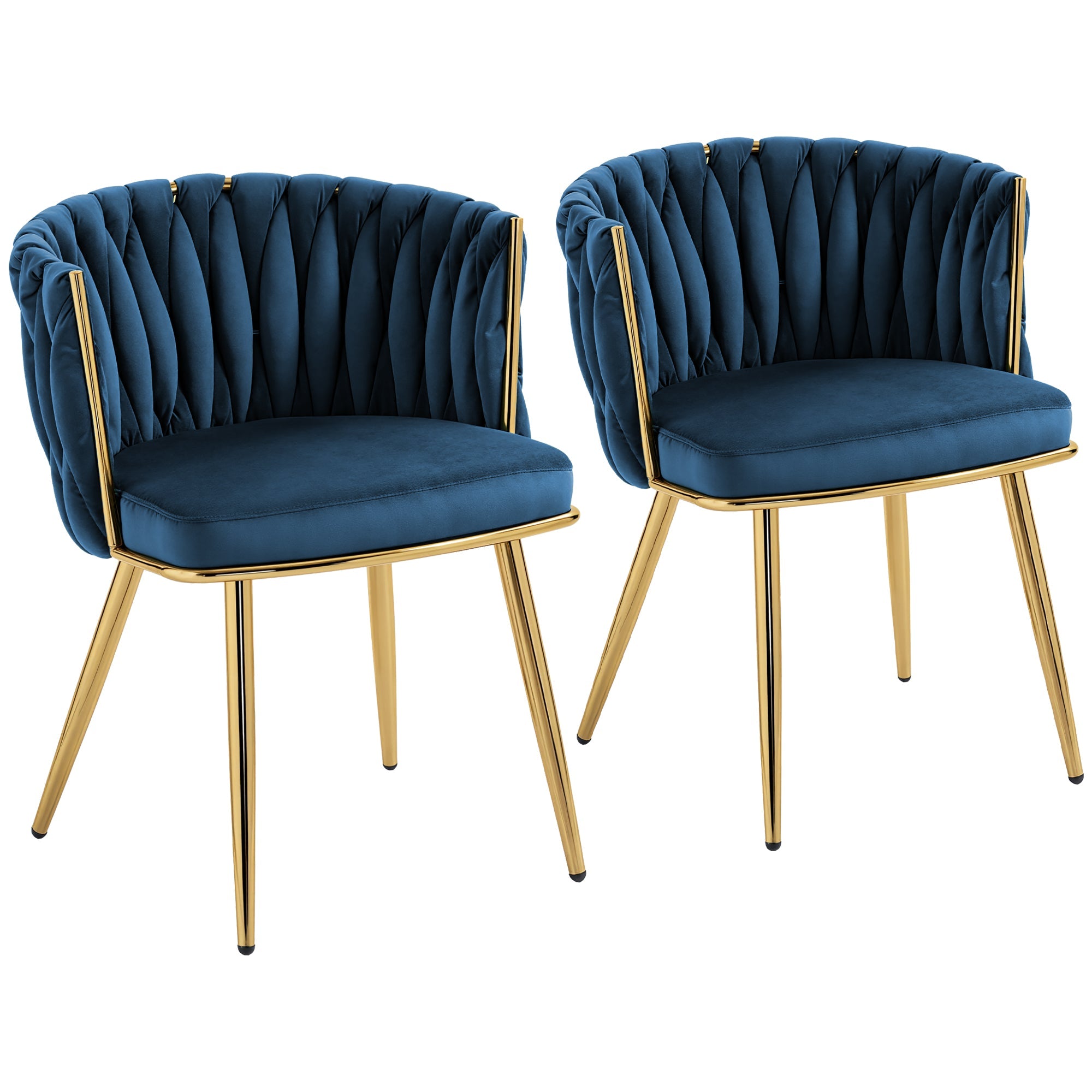 HOMCOM Velvet-Feel Dining Chairs Set of 2, Modern Upholstered Kitchen Chairs with Woven Backrest and Armrests, Metal Legs and Padded Seat for Dining Room, Bedroom, Living Room, Dark Blue